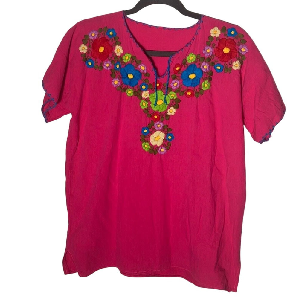 Vintage Embroidered Thin Cotton Peasant Blouse Bright Color Floral V-Neck Light